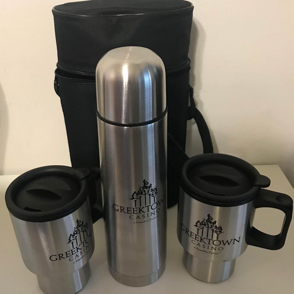 3 Greektown Casino Stainless Steel water bottle tumblers with carrying case